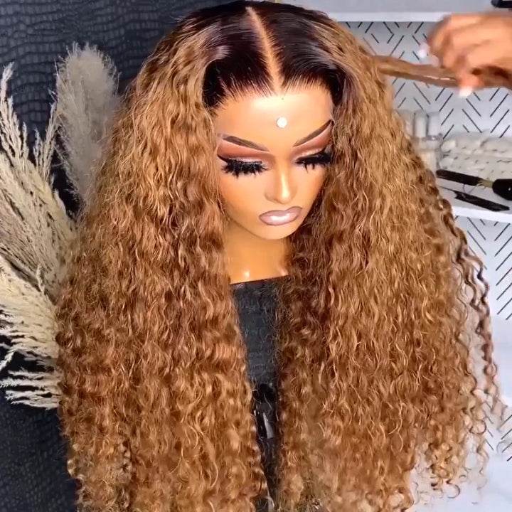 Caramel Brown Ombre Water Wave Wig – HD Lace Front Human Hair with Dark Roots for Women - Majesty Wig