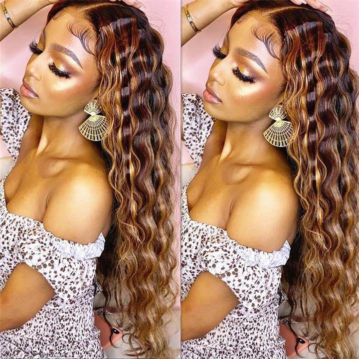 Ombre Highlight Deep Wave Wig – 13x4 HD Lace Front, Glueless Human Hair, Pre-Plucked for Women - Majesty Wig
