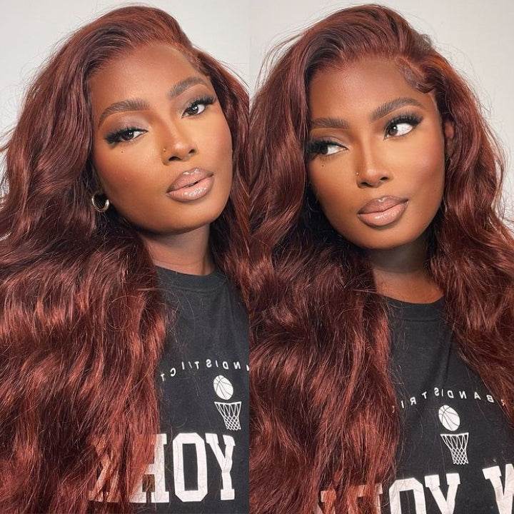 Reddish Brown Body Wave Wig – 13x4 HD Transparent Lace Front, Human Hair, Auburn Color - Majesty Wig