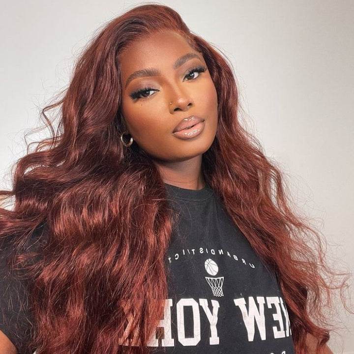 Reddish Brown Body Wave Wig – 13x4 HD Transparent Lace Front, Human Hair, Auburn Color - Majesty Wig