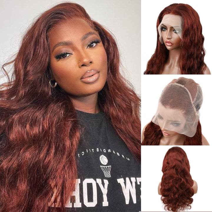 Reddish Brown Body Wave Wig – 13x4 HD Transparent Lace Front, Human Hair, Auburn Color - Majesty Wig