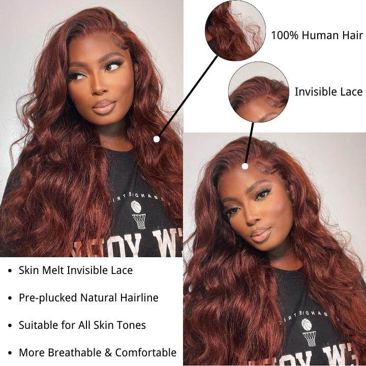 Reddish Brown Body Wave Wig – 13x4 HD Transparent Lace Front, Human Hair, Auburn Color - Majesty Wig