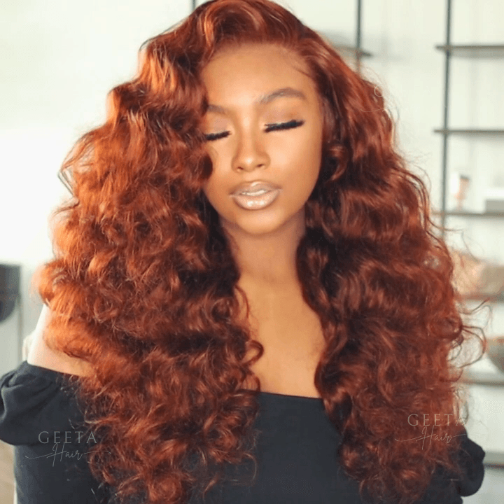 Reddish Brown Loose Deep Wave HD Lace Front Wig – Pre-Plucked Human Hair, Dark Auburn Color - Majesty Wig