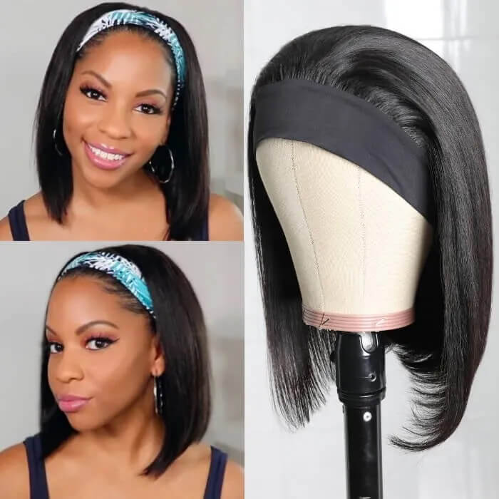 Straight or Curly Headband Bob Wig – 100% Human Hair Half Wig, 220% Density for Women