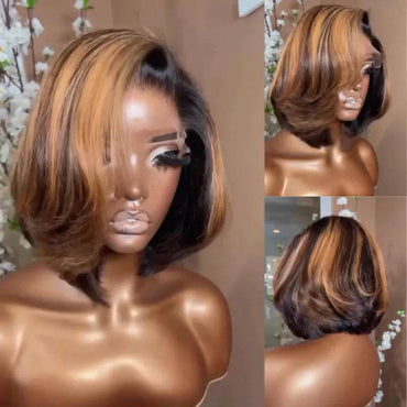 Brown Highlight Glueless Wavy Bob Wig with Side Part - Majesty Wig