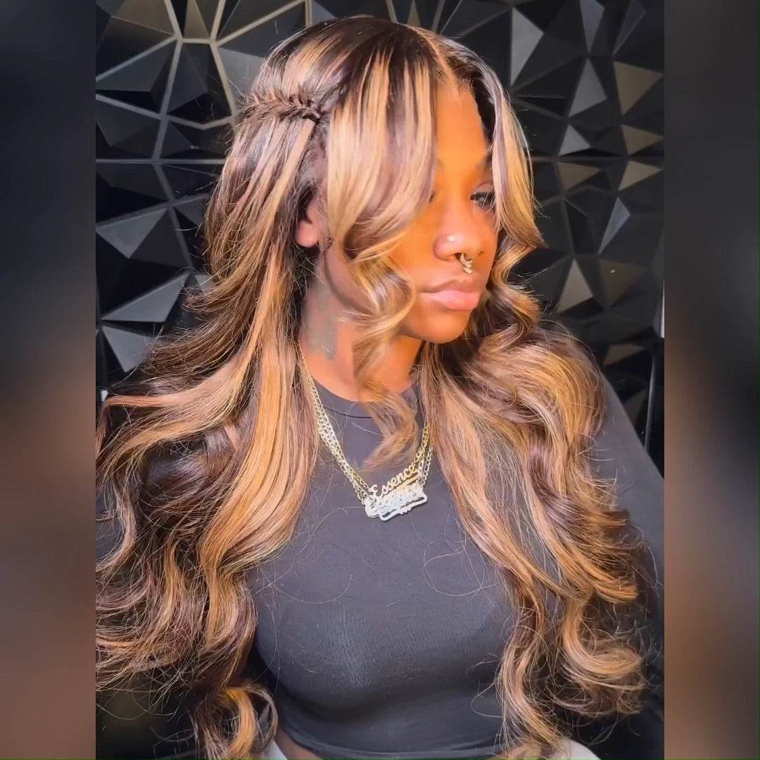 Honey Blonde Body Wave Wig – Lace Front Human Hair with Curtain Bangs & Brown Highlights - Majesty Wig