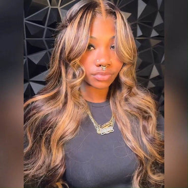 Honey Blonde Body Wave Wig – Lace Front Human Hair with Curtain Bangs & Brown Highlights - Majesty Wig