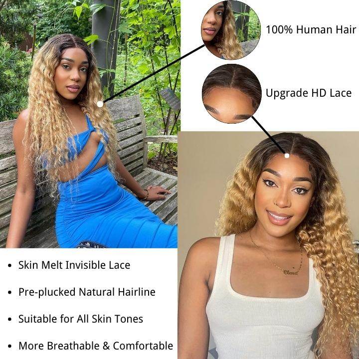 Glueless 5x5 Lace Closure Wig – Ombre Human Hair with Natural Loose Deep Waves & Crimped Texture - Majesty Wig