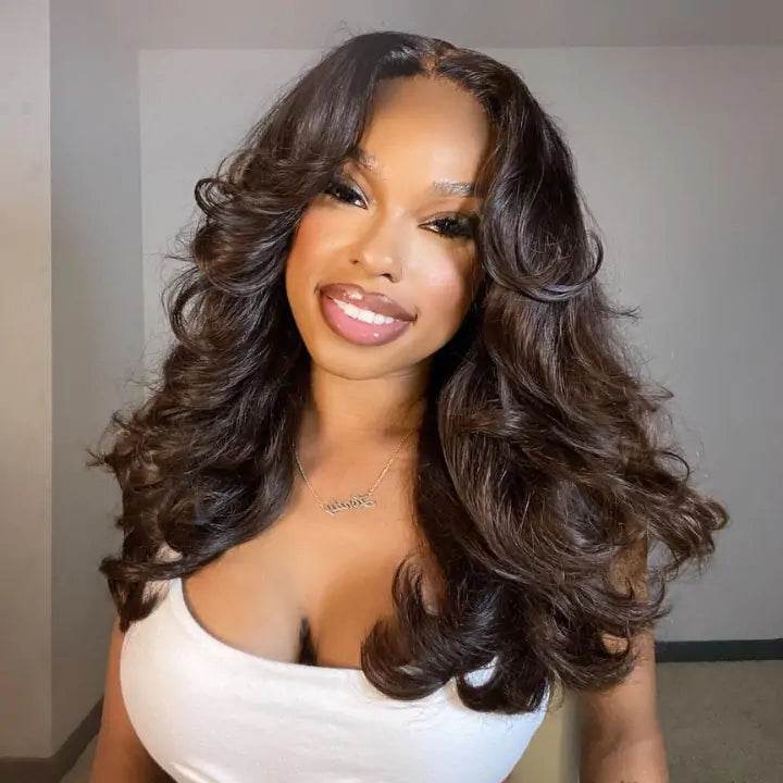 Layered Body Wave Wig – Glueless Human Hair with Pre-Cut Lace & Curtain Bangs - Majesty Wig