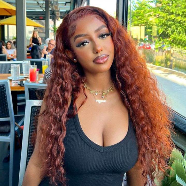 Reddish Brown Water Wave Wig – HD Lace Front 13x4 / 5x5 Glueless Human Hair, Auburn Color - Majesty Wig