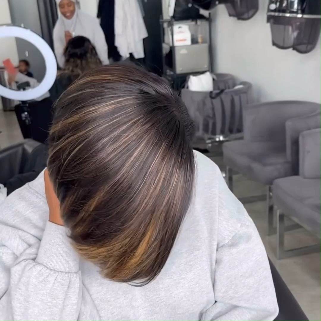 Short Brown Highlight Bob Wig – Side Part, Straight, Glueless Lace Front Human Hair, Pre-Plucked - Majesty Wig