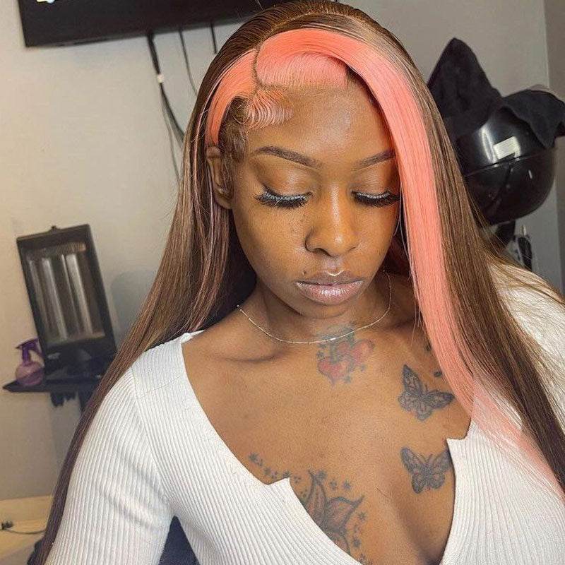 Skunk Stripe Lace Front Wig – Chocolate Brown with Pink Streaks | 13x4 HD Straight Human Hair Wig - Majesty Wig