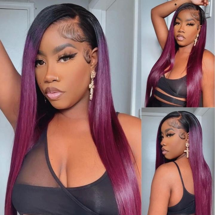 Smokey Deep Purple Lace Front Wig – Ombre Straight Human Hair with Black Roots