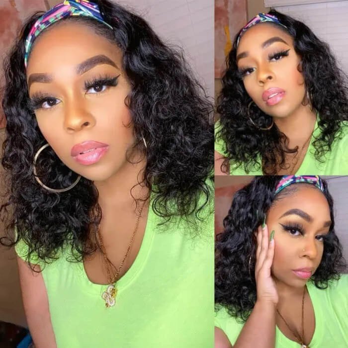 Straight or Curly Headband Bob Wig – 100% Human Hair Half Wig, 220% Density for Women