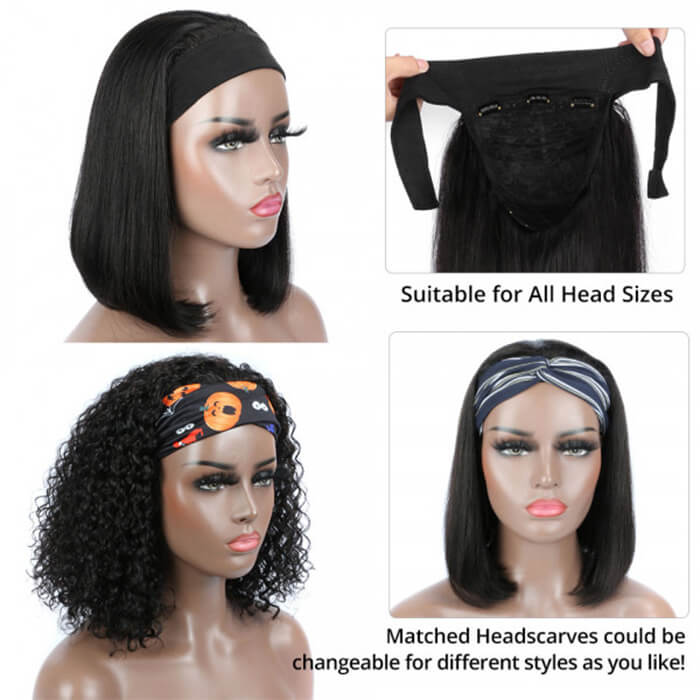 Straight or Curly Headband Bob Wig – 100% Human Hair Half Wig, 220% Density for Women