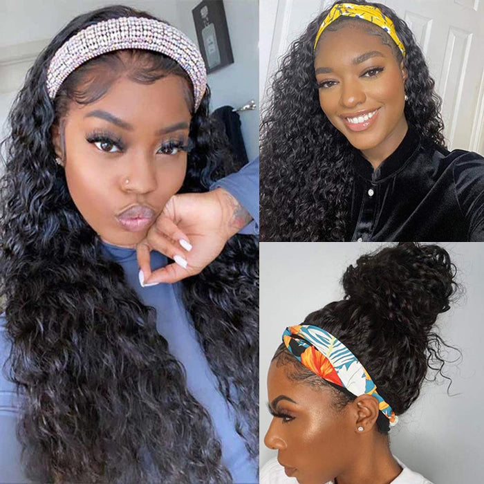 Water Wave Headband Wig – 100% Human Hair Natural Wave Glueless Half Wig for Women